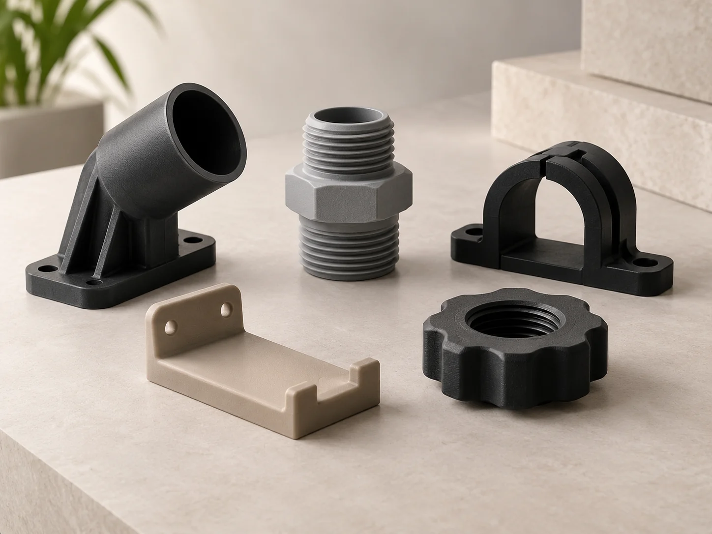 Conjunto ilustrativo de peças funcionais impressas em 3D.