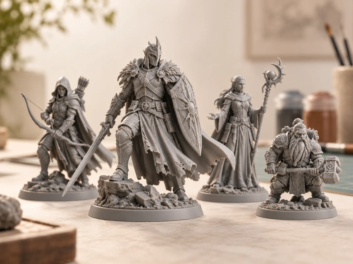 Grupo ilustrativo de miniaturas detalhadas para impressão em resina.